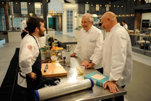 george talking fois gras with jacques pepin on top chef boston 2015