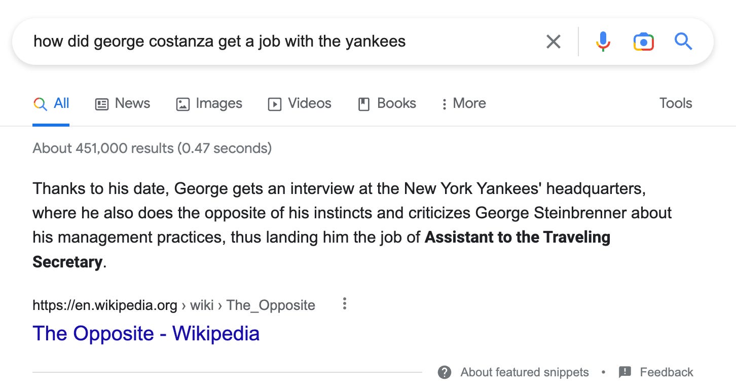 Screenshot of Google top result for "how did george costanza get a job with the yankees"