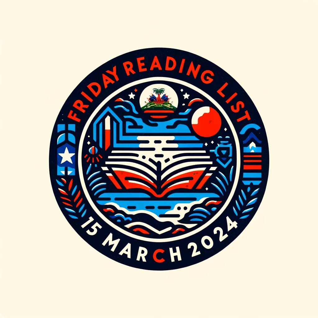 Design a logo for 'Friday Reading List - 15 March 2024', with a theme centered around Haiti. The design should encapsulate the rich culture, history, and current events of Haiti, using a color palette inspired by the Haitian flag—blue, red, and possibly hints of green to represent the country's landscape. Incorporate symbols that are emblematic of Haiti's heritage, such as the silhouette of the country, traditional Haitian art motifs, or the national tree, the Royal Palm. The logo should be engaging and reflect the vibrancy and resilience of the Haitian people. Include the text 'Friday Reading List - 15 March 2024' in a clear, bold font that complements the overall design.