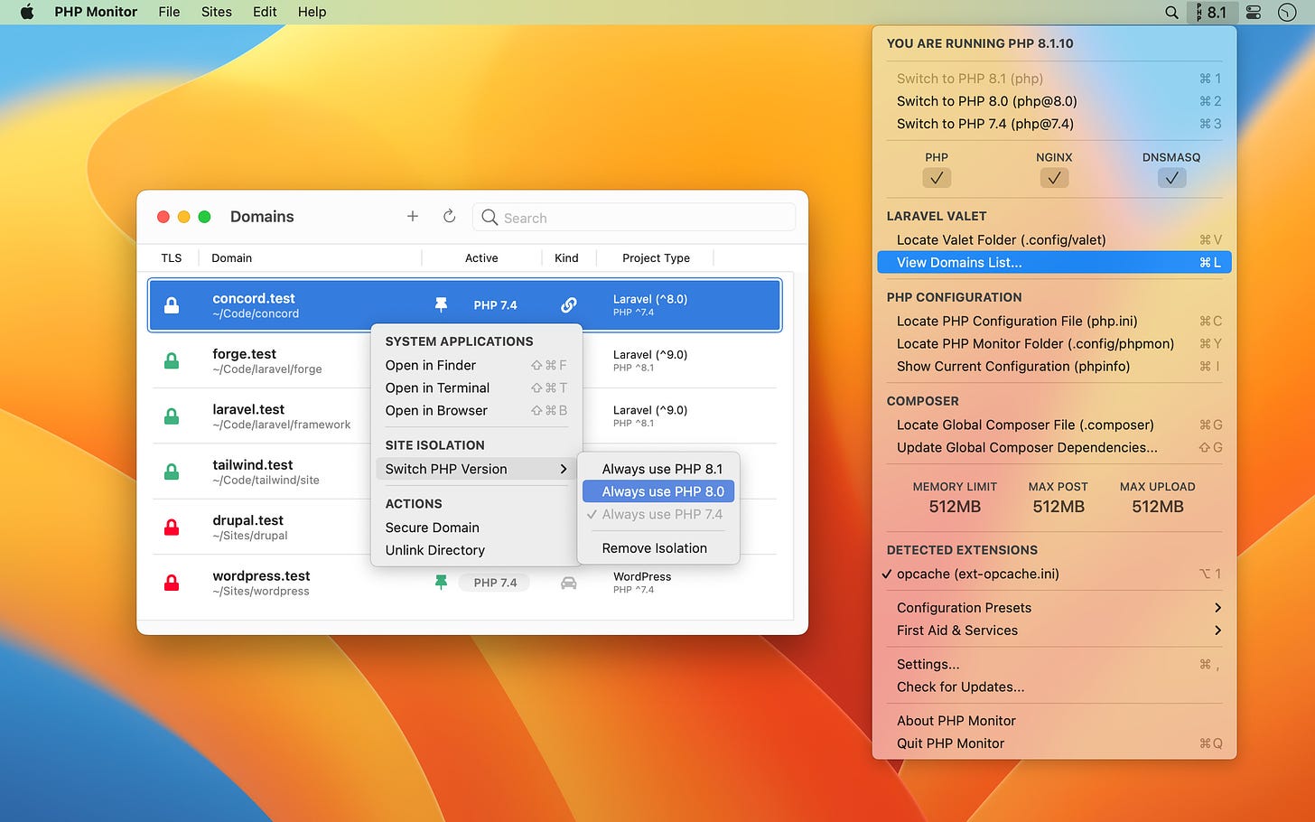 phpmon screenshot (menu bar app)