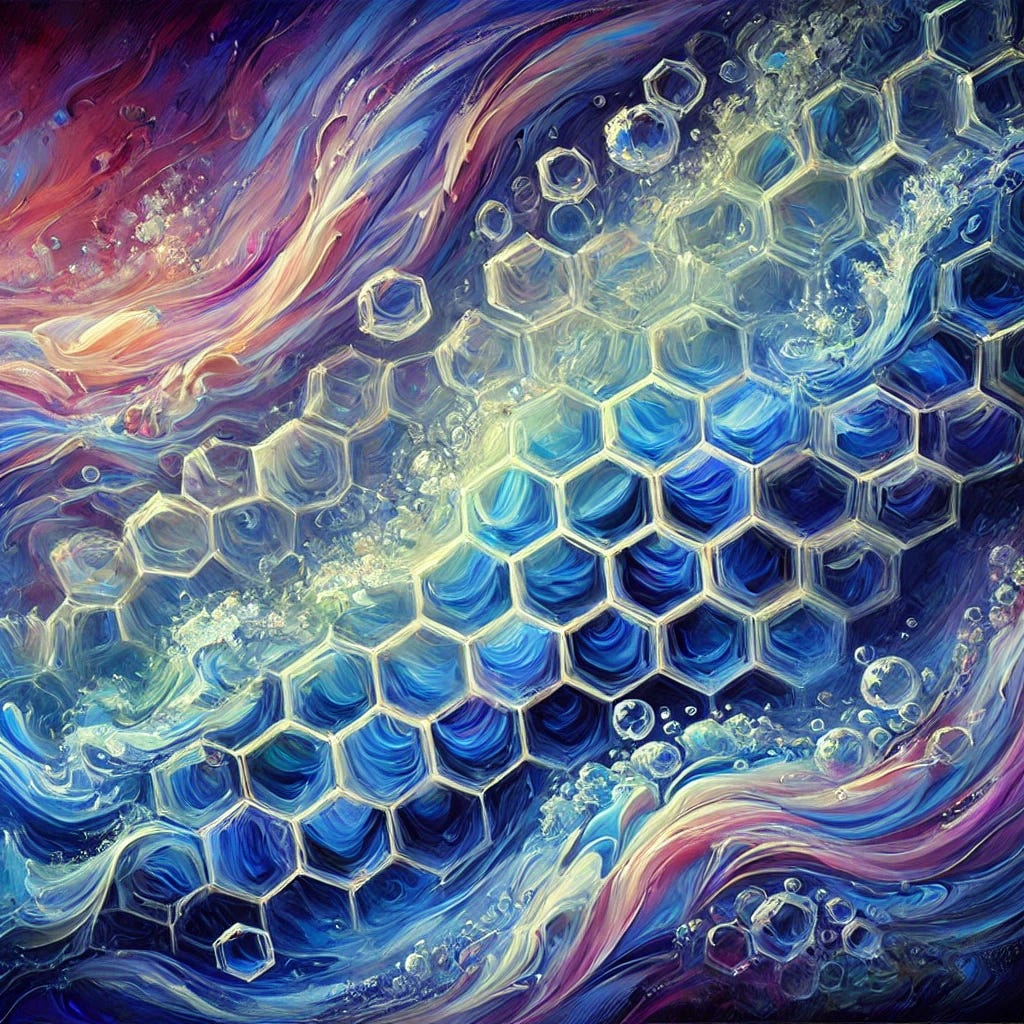 An abstract, vibrant oil painting depicting the concept of exclusion zone (EZ) water. The painting should illustrate a flowing, gel-like substance with intricate, crystalline hexagonal patterns symbolizing its ordered structure. Use a rich color palette of deep blues, purples, and white highlights to convey the water's negative charge and purity. Incorporate swirling motions and soft gradients to evoke a sense of viscosity and the dynamic nature of water. The composition should be expressive, with a blend of smooth and textured brushstrokes to emphasize the mysterious, structured quality of EZ water.