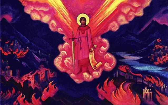 Nicholas Roerich's 1942 painting, "Last Angel," depicts a scene from what many believe to be the Christian apocalypse.  The angel descends from the clouds, adorned with a key, a scroll and a sword.  The landscape below is dark, but overrun with bright, red flames.