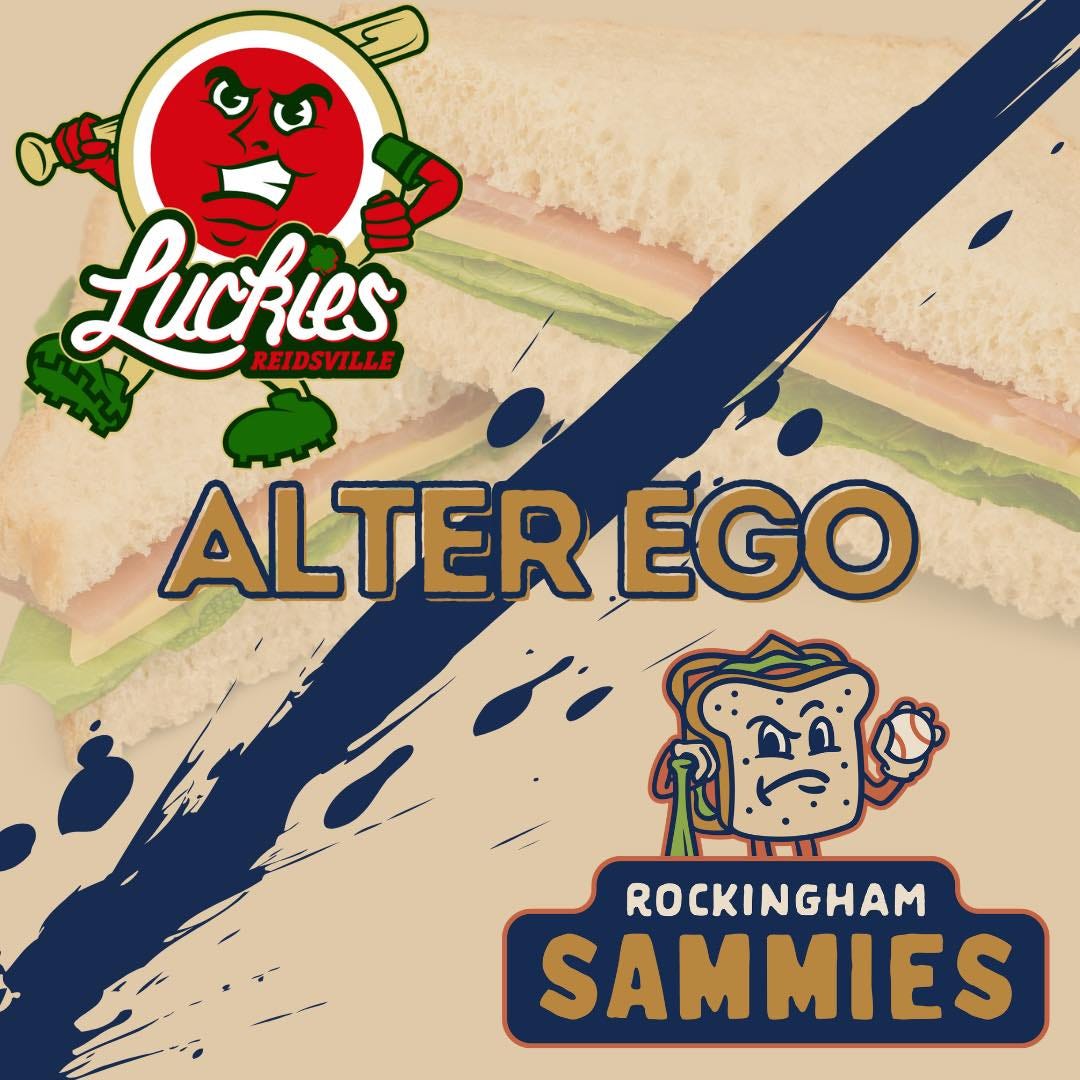 May be an image of club sandwich and text that says 'Luckues REIDSVILLE ALTEREGO EGO ROCKINGHAM SAMMIES'