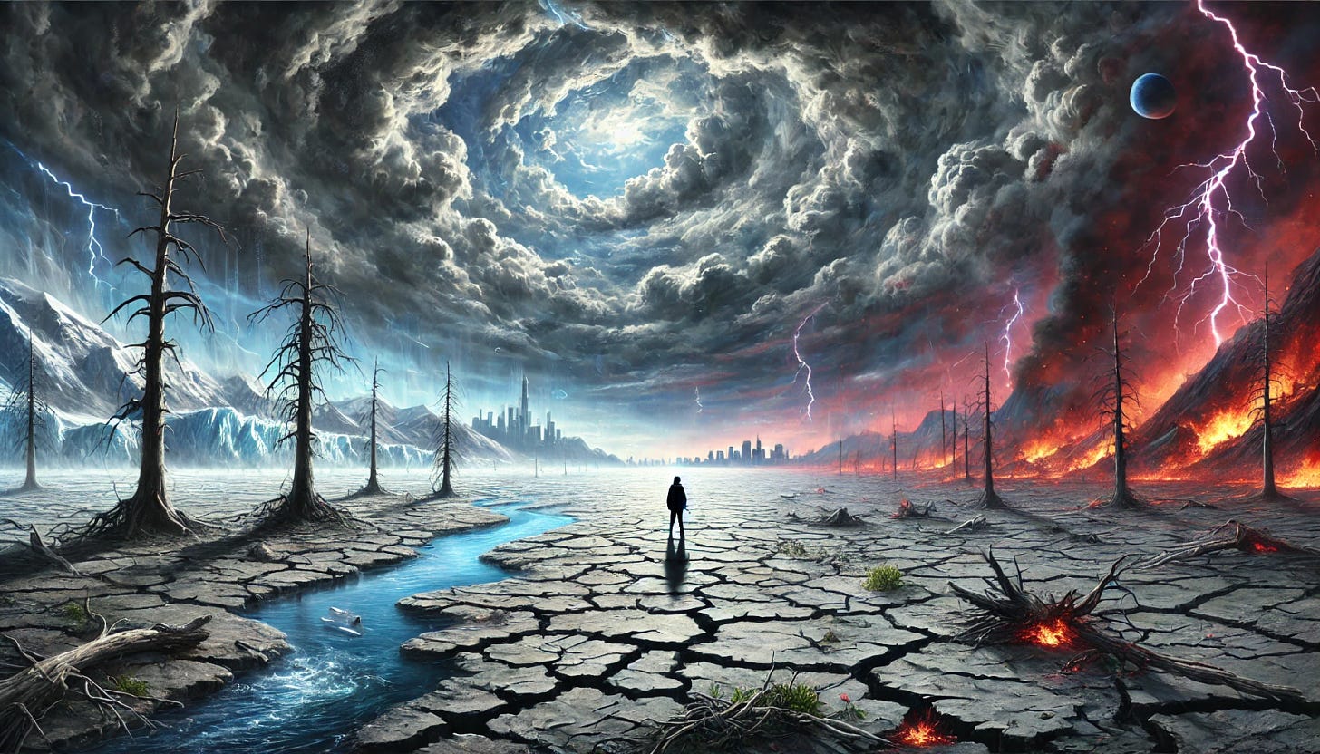 A wide, dramatic landscape evoking climate anxiety: a lone figure standing in the foreground on cracked, arid land that stretches to the horizon. Above, dark storm clouds swirl violently, with lightning streaking through, suggesting impending disaster. In the distance, a city skyline partially submerged in floodwaters, with wildfires raging on the other side. Trees stand dead and withered, and some are burning. Melting glaciers are visible in the background. The scene is chaotic, with a color palette of dark grays, fiery reds, and cold blues, expressing fear, loss, and environmental collapse.