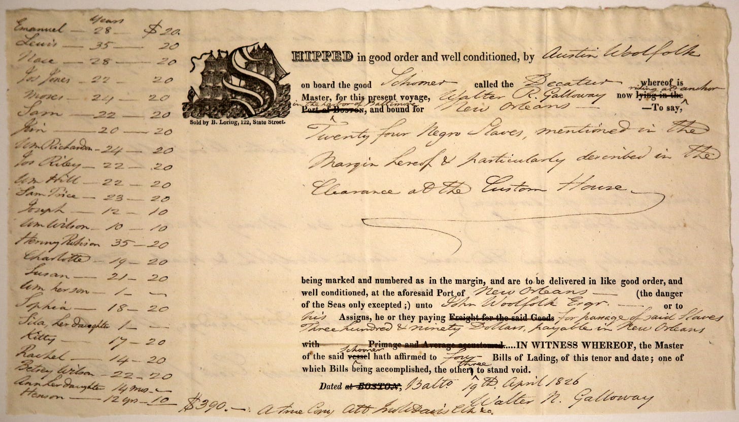 A corporate document outlining Austin Woolfolk’s shipment of a cargo of enslaved people via a schooner called the Decatur in April 1826.