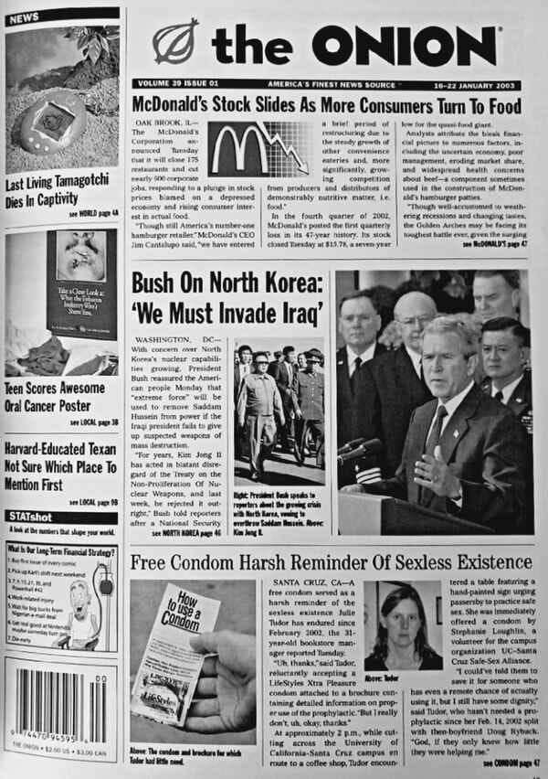 A black-and-whte photo of The Onion's front page from Jan. 15, 2003.