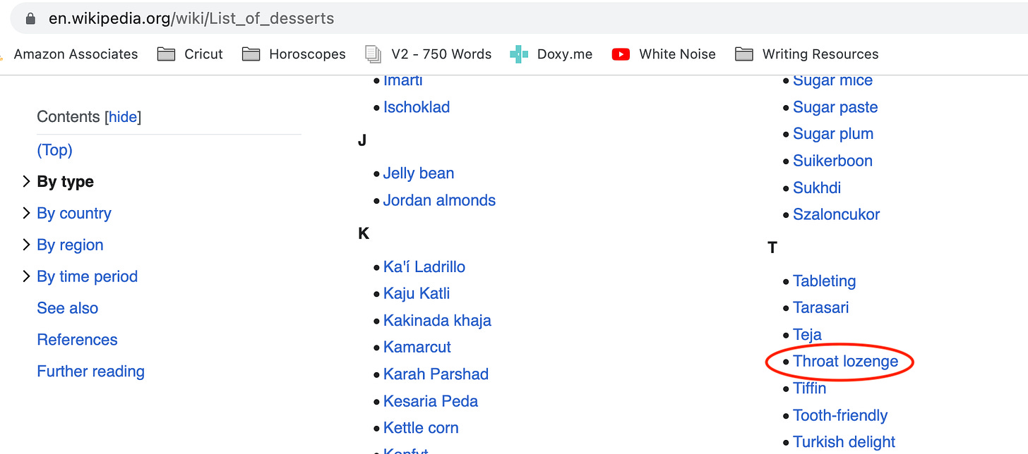 Screenshot of the List of Desserts Wikipedia page with "Throat Lozenge" circled in red