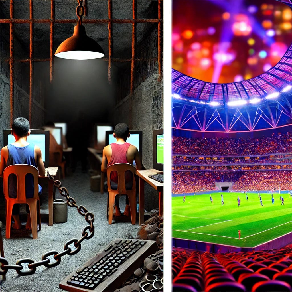 An unsettling illustration combining the imagery of illegal gambling and scam compounds with workers chained to desks and a bright, flashy football stadium in the background. The scene shows a dark, shadowy compound where tired workers are chained to computers in a grim environment, monitored by guards. The stadium in the distance contrasts with vibrant lights, cheering crowds, and sports betting ads. The image juxtaposes the luxury and glamor of sports betting with the harsh reality of exploitation and forced labor in these compounds. No text, focusing entirely on the visual contrast.