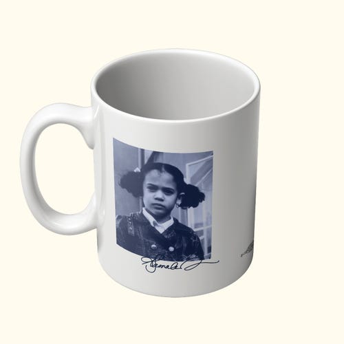 A photo of young Kamala Harris on a white ceramic mug