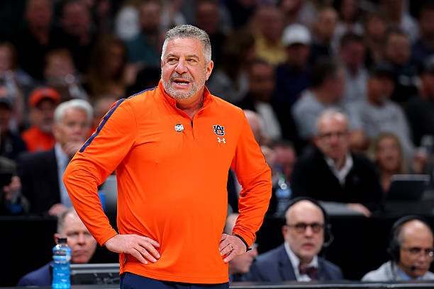 Head coach Bruce Pearl of the Auburn Tigers reacts against the Michigan State Spartans during the first half in the South Regional Elite Eight round...