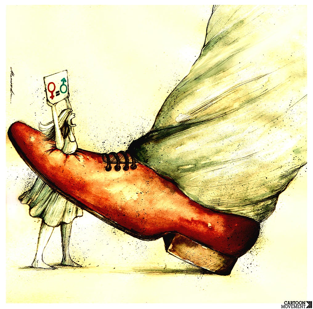 Cartoon showing an enormous shoe trying to step on a woman holding a sign that calls for gender equality. Instead of crushing the woman, the woman remains standing, breaking through the shoe that is stepping on her.
