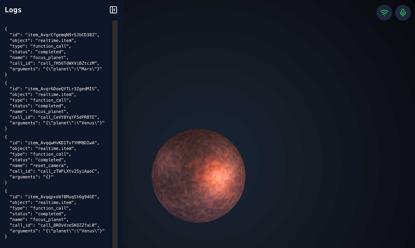 Zoomed in on Mars. A log panel shows JSON on the right.