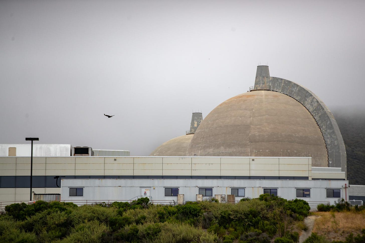 Two domed nuclear reactors can be seen along a coastline.