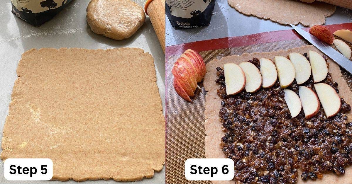 Rolled out pastry dough spread with mincemeat and slices of apple. 