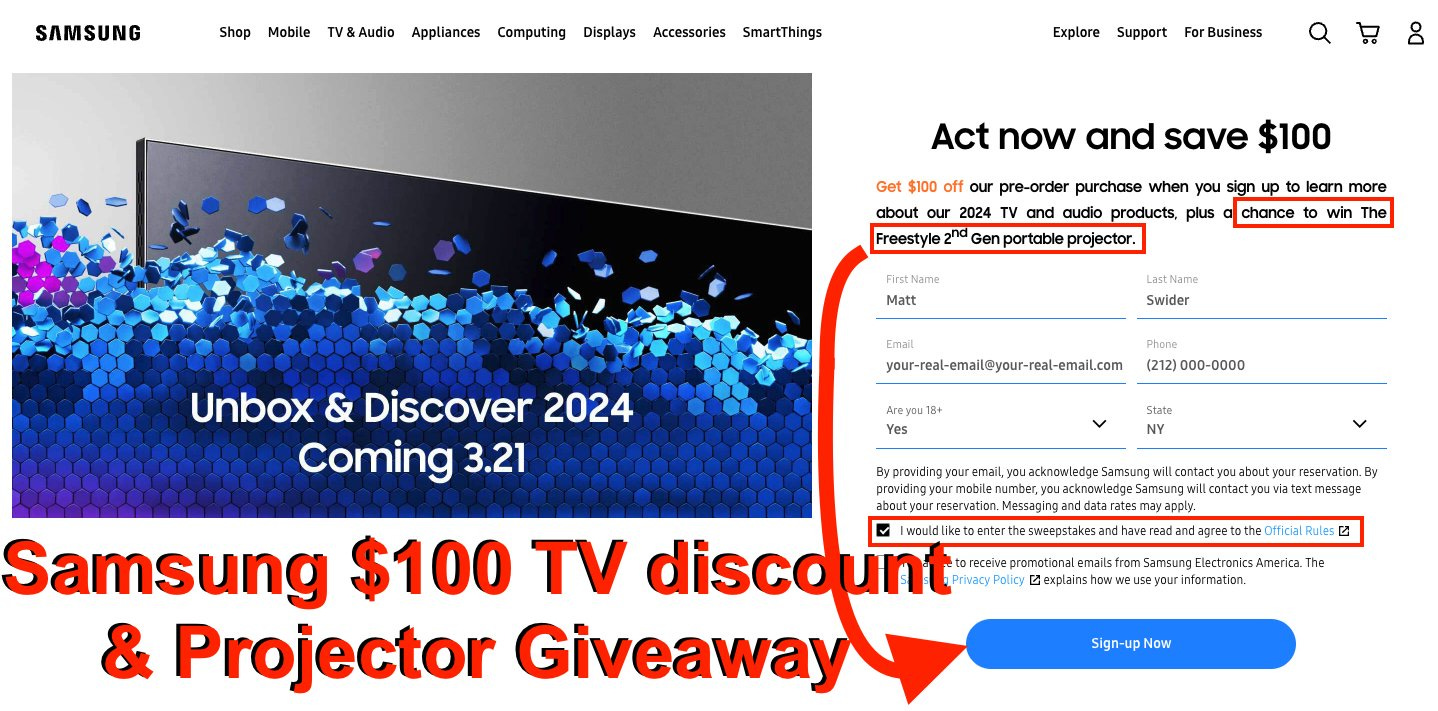 Samsung TV discount and projector giveaway