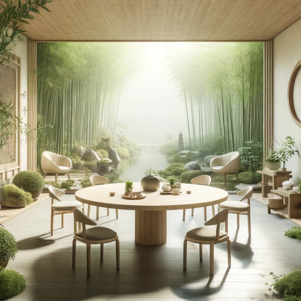 A serene and harmonious office environment reflecting Taoist principles, with a calm and natural setting. The office is filled with natural elements like bamboo, water features, and green plants, promoting a sense of peace and balance. In the center, a round table symbolizes equality and open communication, surrounded by chairs made of natural materials. Soft, natural light filters through large windows, revealing a tranquil garden outside. The scene conveys a sense of simplicity, mindfulness, and harmony, embodying the Taoist approach to understanding and connecting with individuals beyond the superficial.