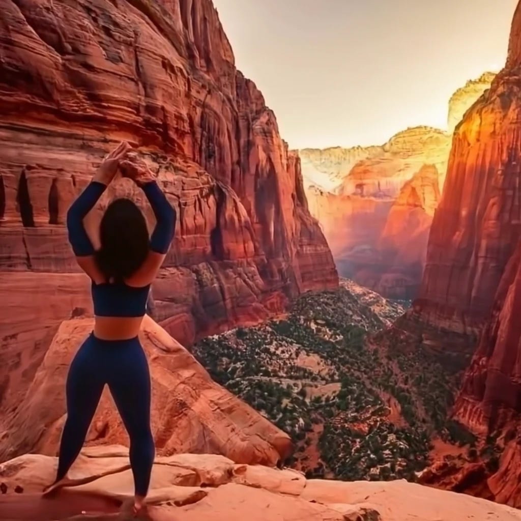 Hot girl wearing yoga pants showing ass at Angels Landing Zion National Park Utah with sun rising