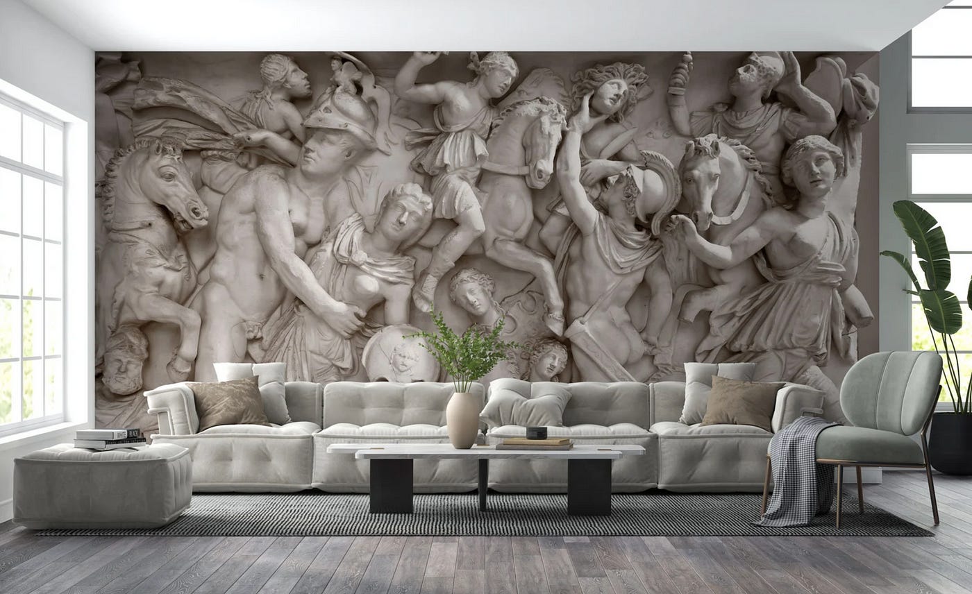 A living room with a couch, chairs, and coffee table. Behind the couch is a giant image of a marble relief of an ancient battle covering the entire wall.