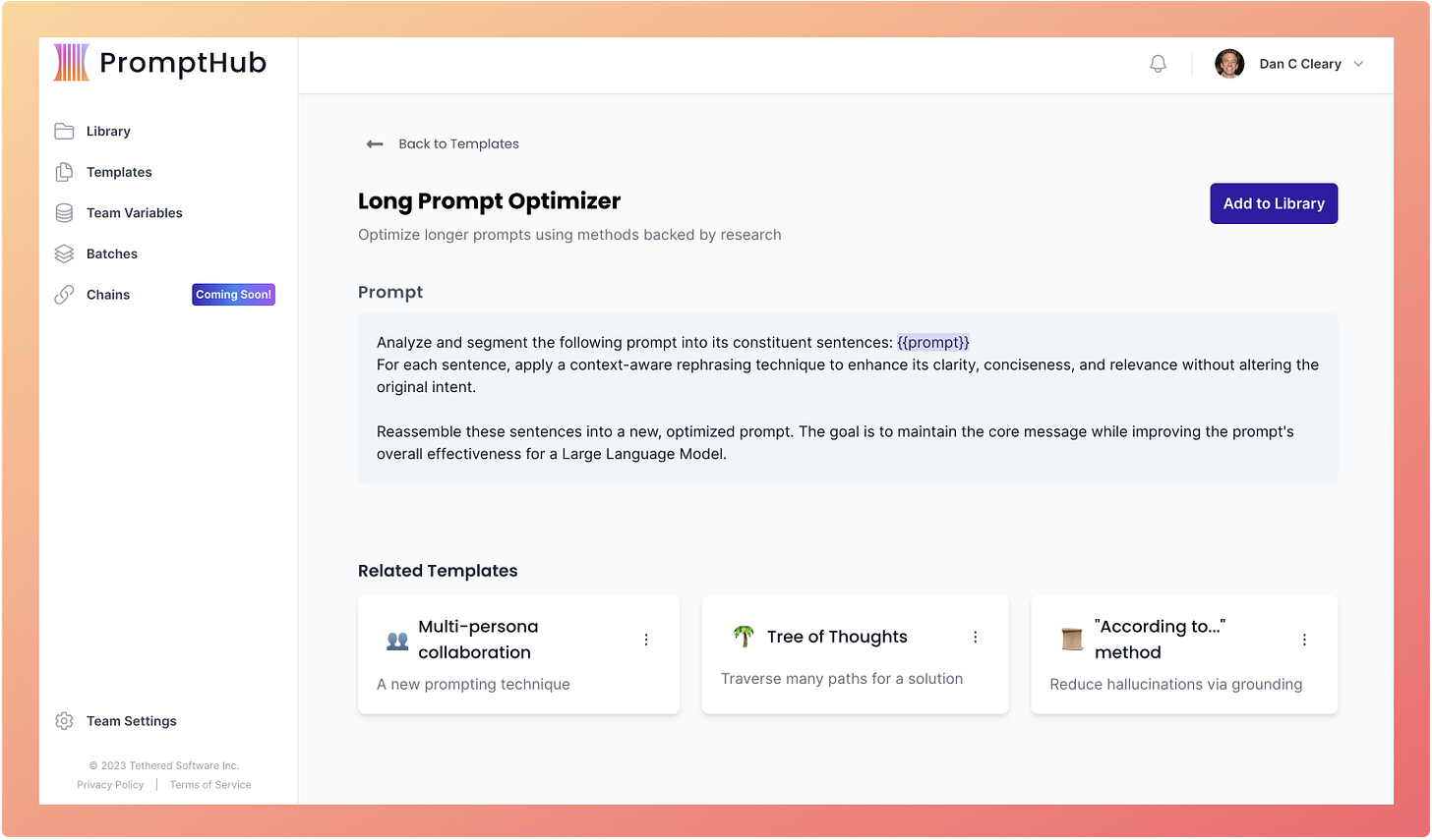 Long prompt optimizer template in PromptHub