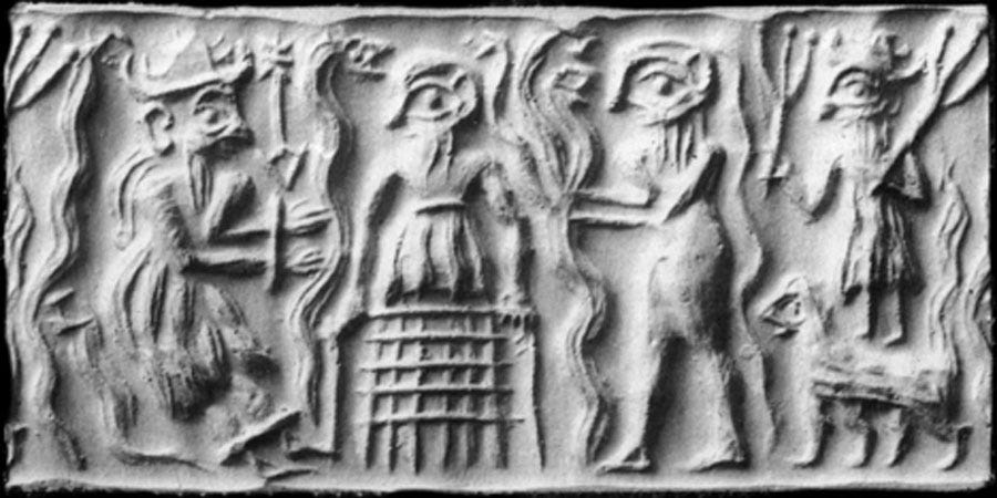 Ancient Sumerian cylinder seal impression showing the god Dumuzid being tortured in the Underworld by galla demons (Public Domain)