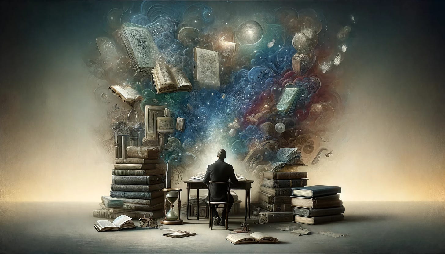 An original artwork blending realism, surrealism, and abstraction, focused on introspection and personal growth. The composition features a central figure seated at a desk, surrounded by an array of books, some appearing solid and others translucent, symbolizing tangible and intangible knowledge. The color scheme includes muted blacks, greys, cool blues, and greens, with twilight hues. Ethereal lighting highlights the subject, emphasizing a contemplative mood. The scene includes subtle symbolic elements like a faintly glowing hourglass, a quill, and scattered pages, all set in a softly textured environment that suggests a study filled with natural elements. The atmosphere is provocative yet uplifting, designed to invoke deep thought and encourage self-reflection.
