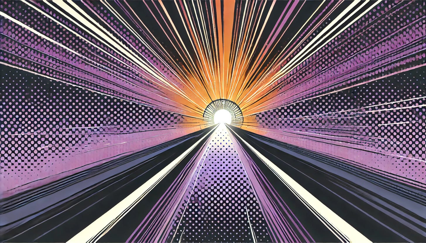 A pop art style illustration depicting a long tunnel with a glimmer of light at the end. The color palette is restricted to bright purple, bright orange, black, and white, with a white background. The design features a deep, dark tunnel with a small but bright light source at its farthest point, symbolizing hope and progress. The scene is clean and minimal, emphasizing the contrast between the darkness of the tunnel and the brightness of the light.