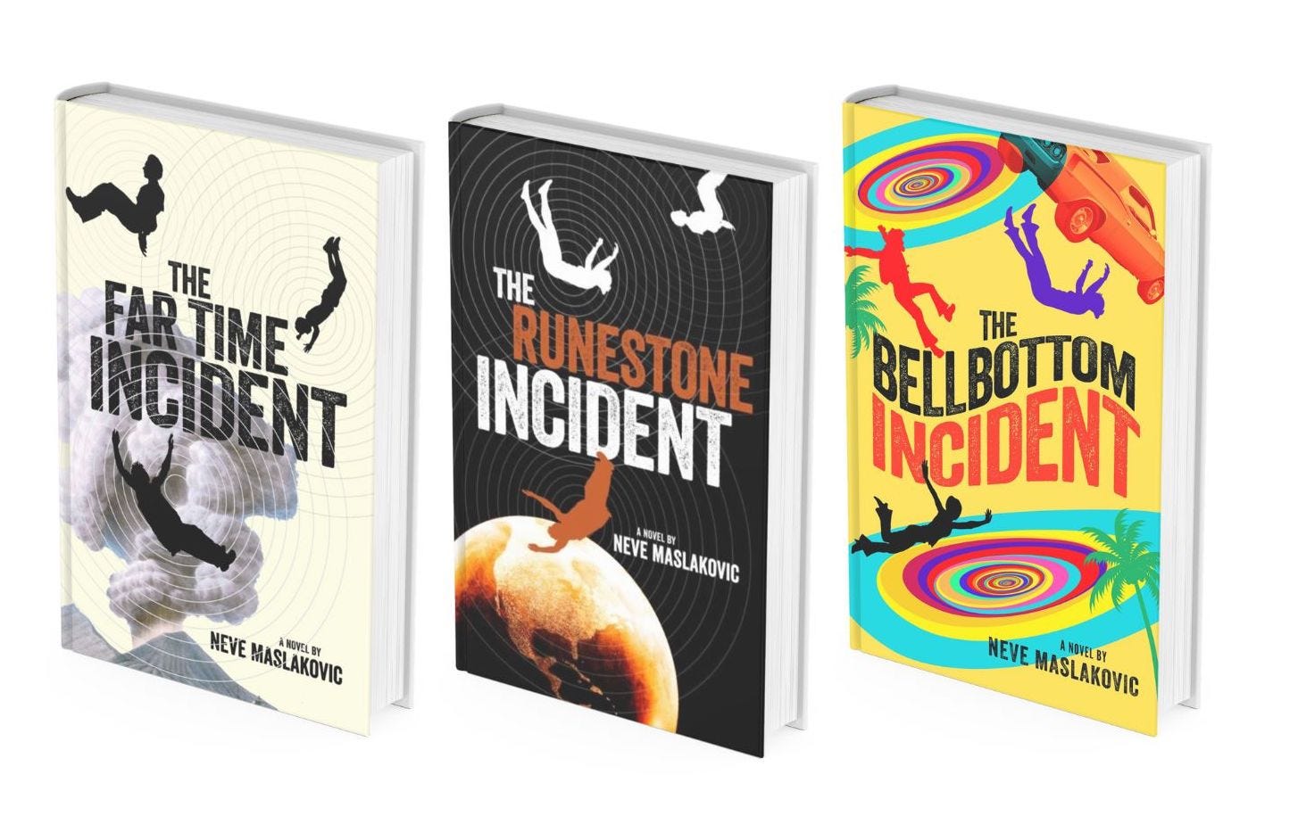 Three book covers, all featuring a woman falling backwards in time. The Far Time Incident cover is dominated by beige and black, the Runestone Incident  by orange, yellow and black, and The Bellbottom Incident by bright seventies colors.