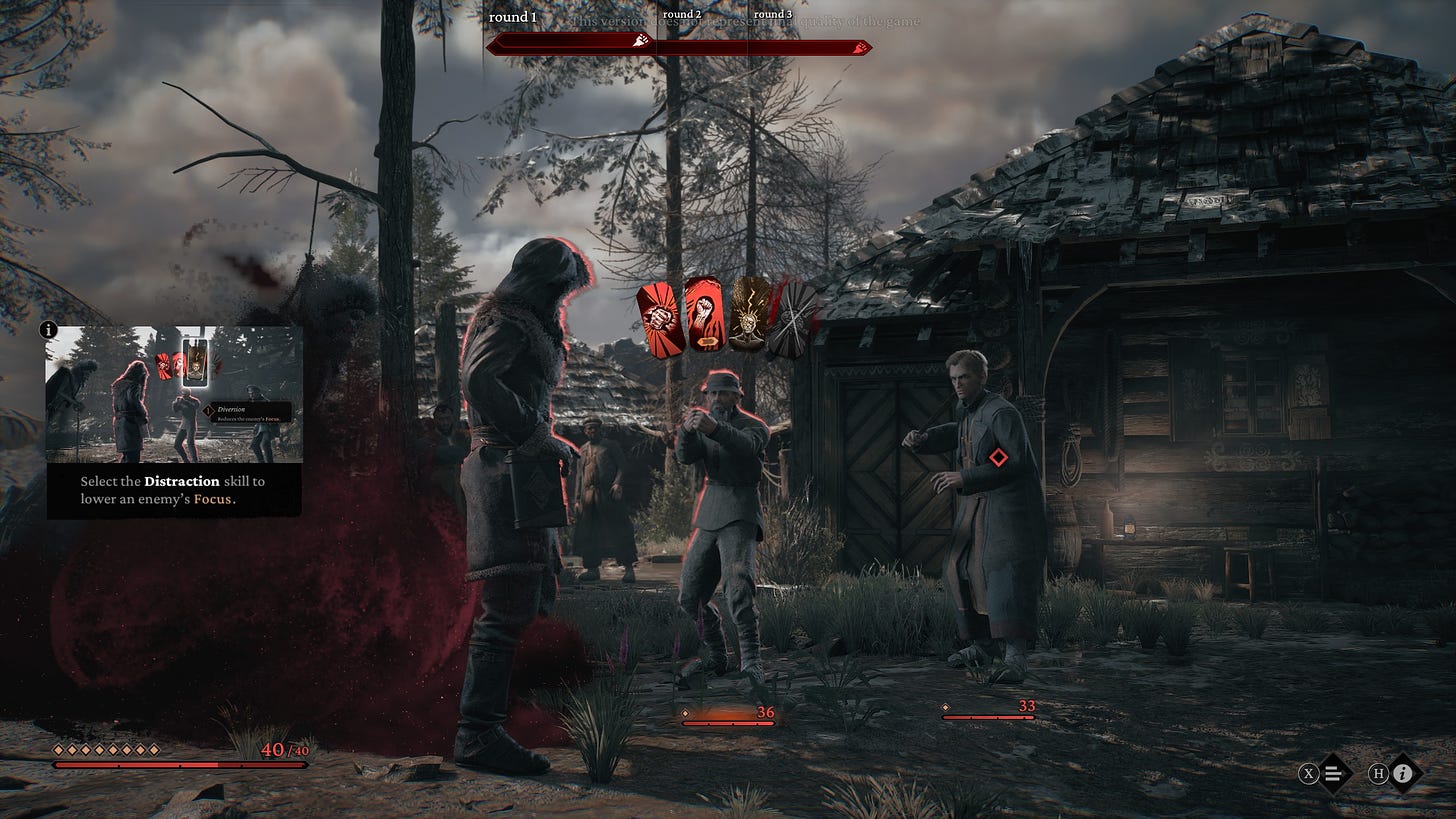 A screenshot of the game The Thaumaturge, showing a battle with two Russian soldiers, a battle of fisticuffs.