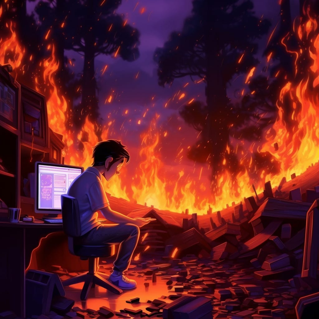 A man sitting in a burning room