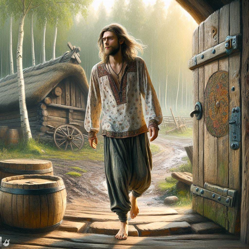a young hippie swedish man shirt and pants only walking out of the woods to a farm, medieval fantasy art