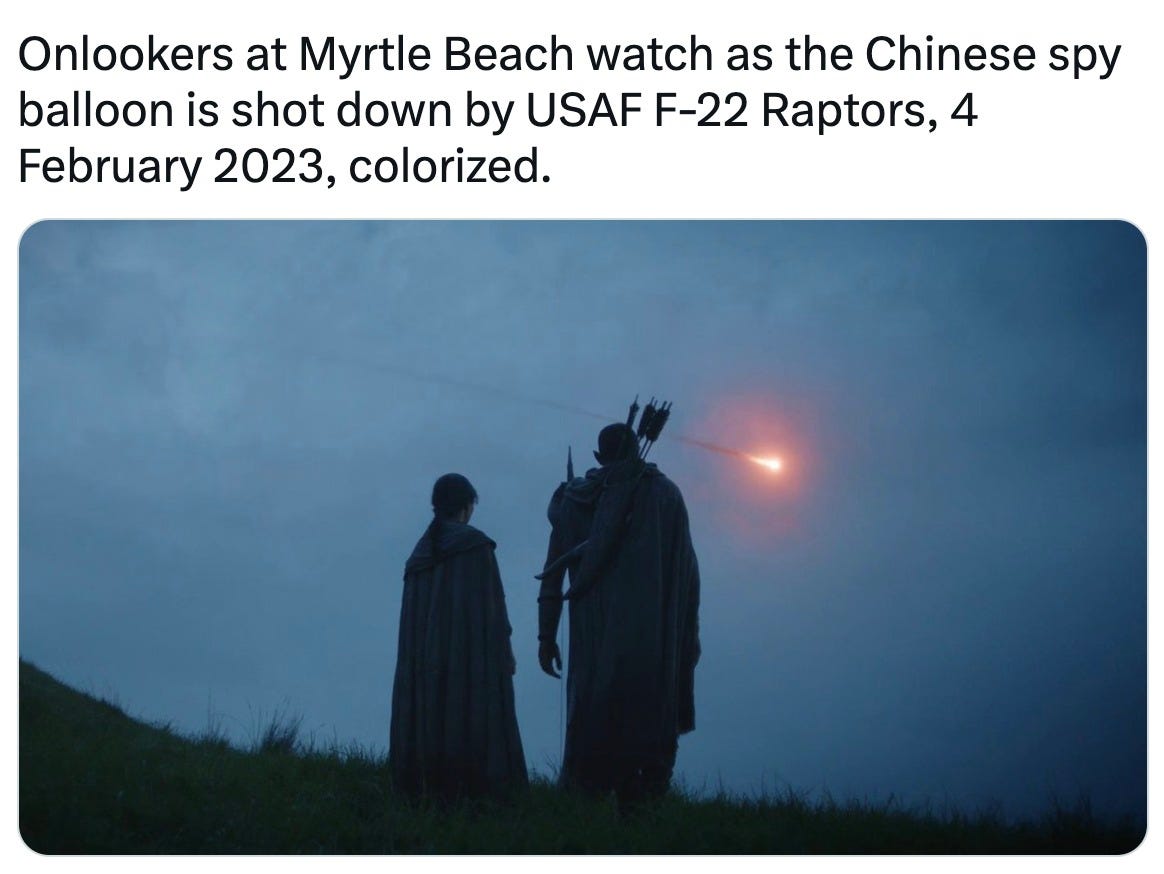 May be an image of 1 person and text that says 'Onlookers at Myrtle Beach watch as the Chinese spy balloon is shot down by USAF F-22 22 Raptors, 4 February 2023, colorized.'
