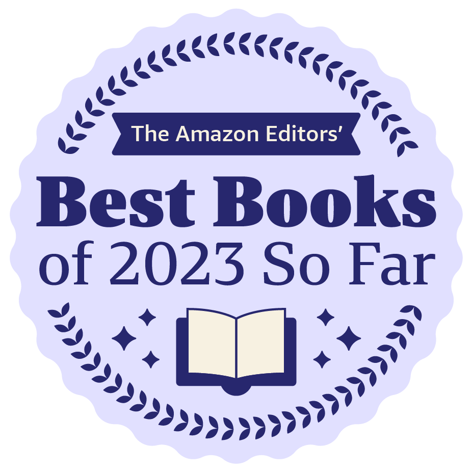 A circular emblem with dark purple words in a light purple back background saying, “The Amazon Editors’ Best Books of 2023 So Far” with a symbol icon of an open book.