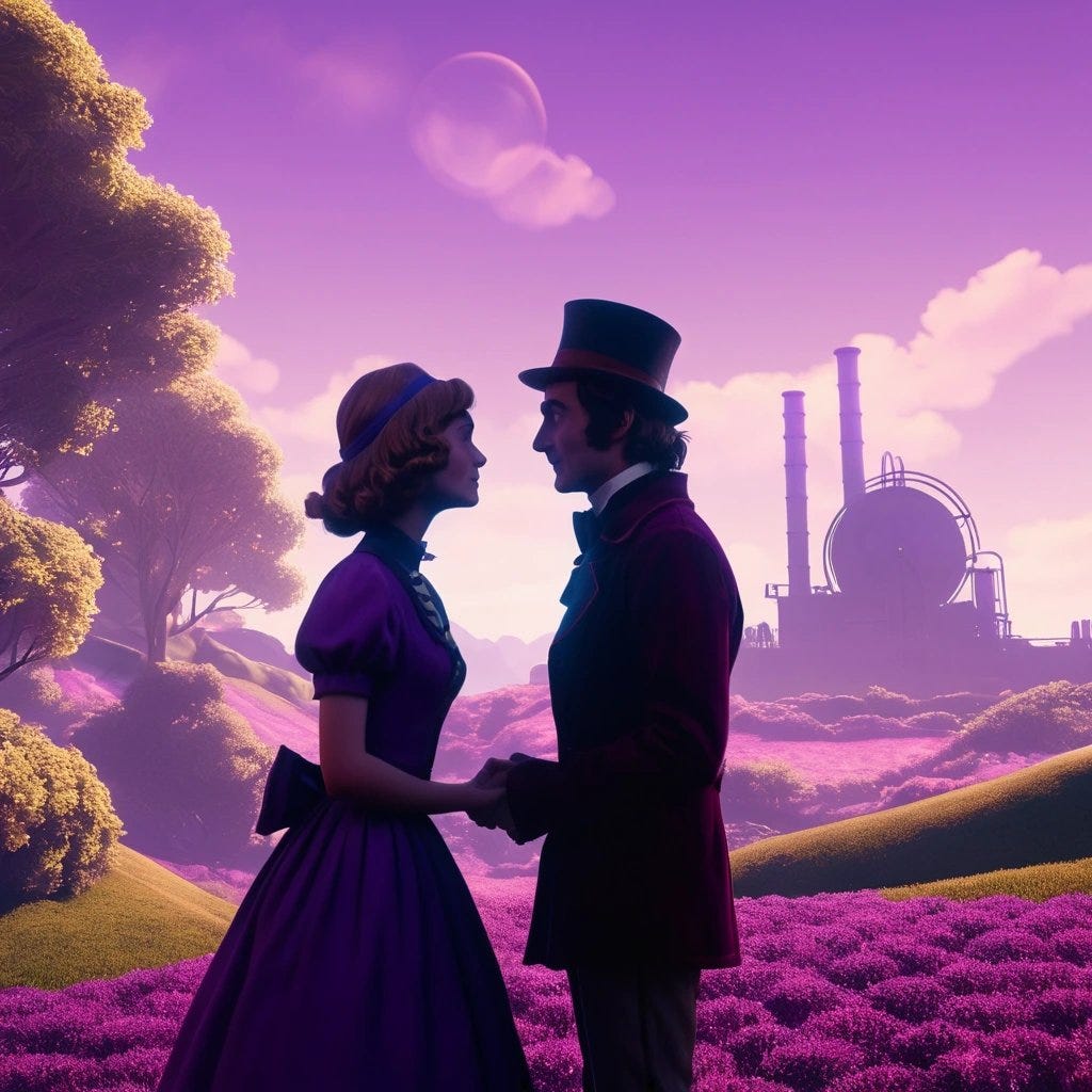 Willy Wonka love story, chocolate factory, Willy Wonka in love, cinematic landscape, monumental, cinematic background, dynamic posture, cinematic lighting, grandiose, purple glow, anime style, shadows, anime landscape