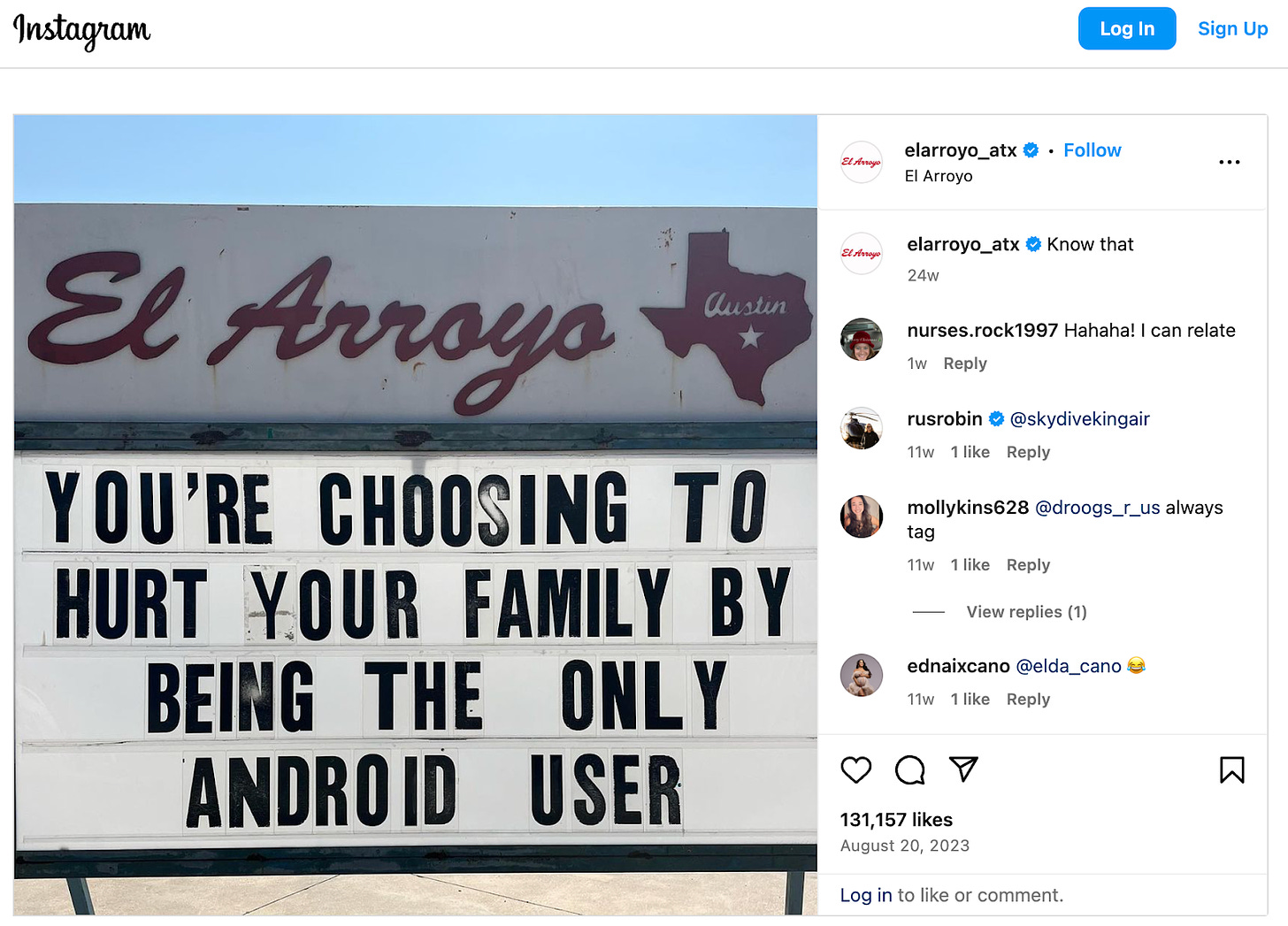 An Instagram post showing a restaurant sign board that reads "You're choosing to hurt your family by being the only Android user"