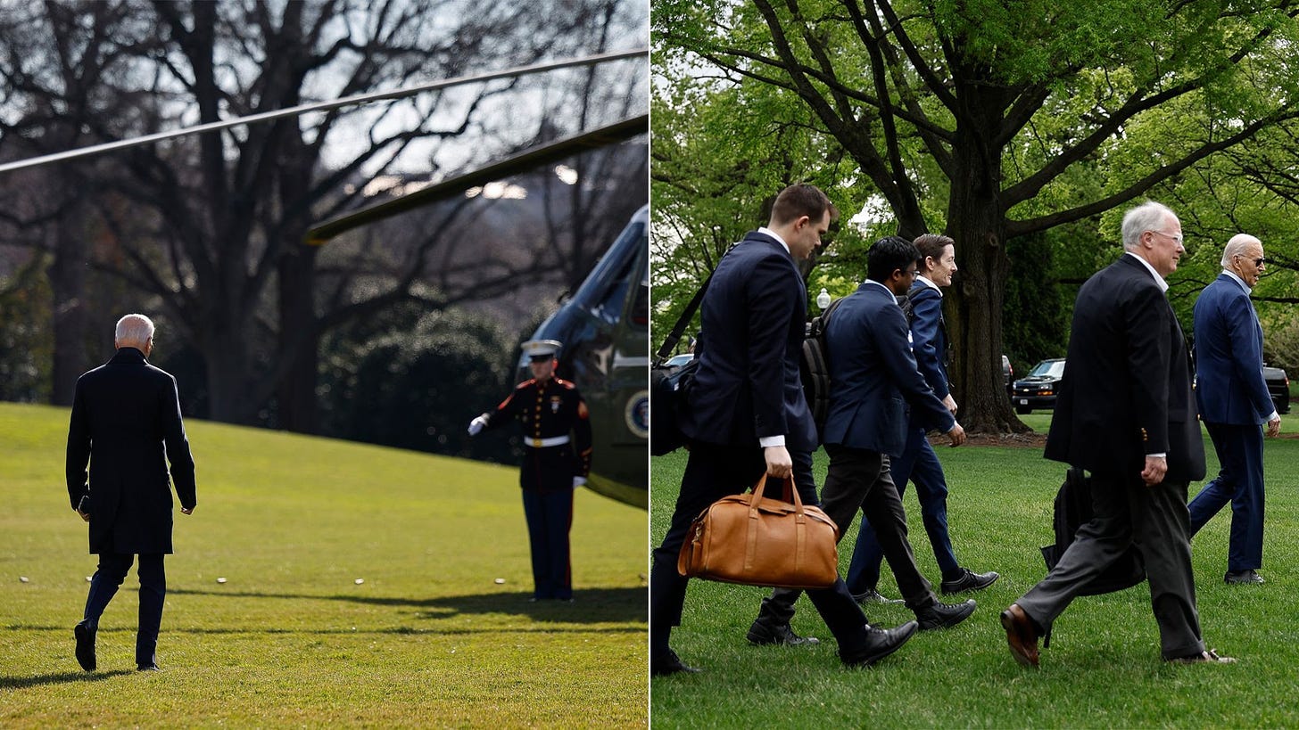 Left: President Biden walks to Marine One solo on Jan. 5. Right: He walks to the helicopter with several aides on April 18. Photos: Chip Somodevilla, Anna Moneymaker/Getty Images