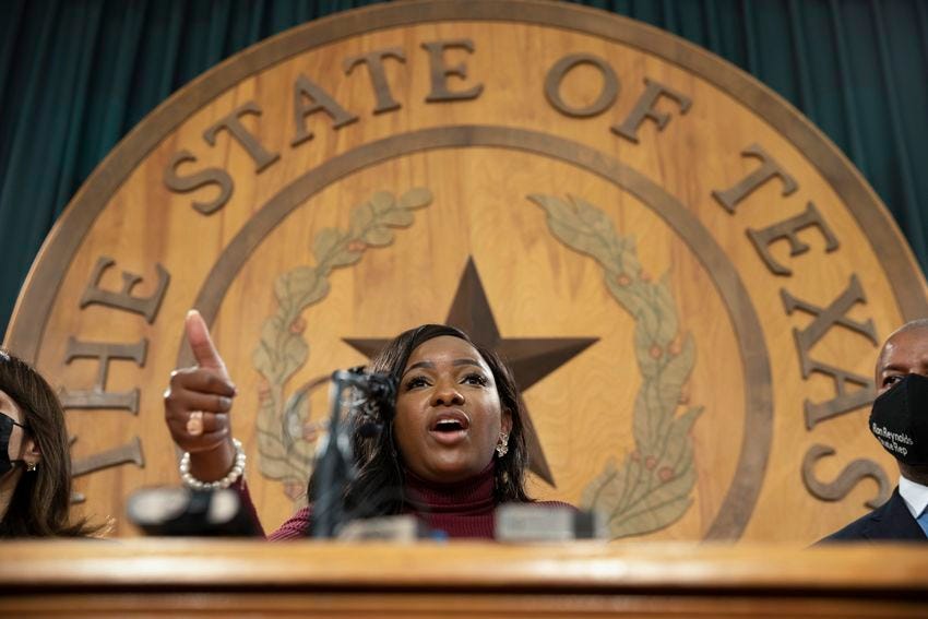 State Rep. Jasmine Felicia Crockett, D-Dallas, speaks at a Texas House Progressive Caucus at the Capitol on Sept. 20, 2021. State Rep. Jasmine Felicia Crockett, D-Dallas, speaks at a Texas House Progressive Caucus at the Capitol on Sept. 20, 2021.