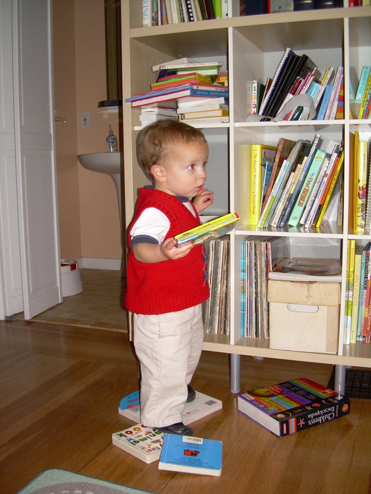 Baby wearing a sweater vest and khakis pulls board books off a shelf.