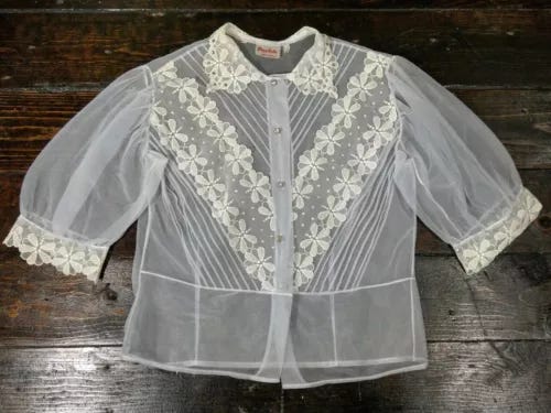 Vintage 50s L Sheer Nylon Blouse Pale Blue Puff Sleeve Embroidery Rhinestones - Picture 14 of 19