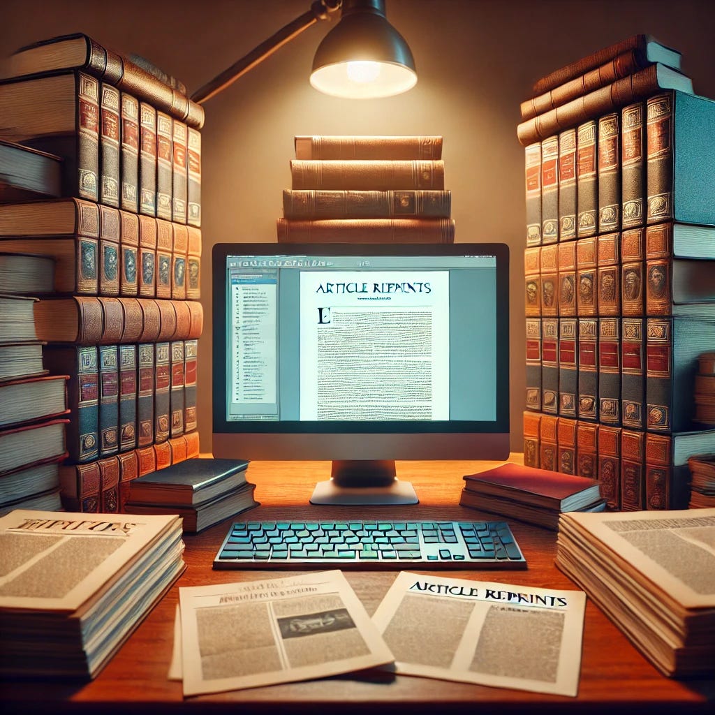 A desk scene with an equal balance of thick books and pamphlets. The books are stacked on one side, while pamphlets and article reprints are spread out on the other side. A computer screen is placed in the center of the desk, showing a document or research paper. The desk is wooden, and a lamp provides soft, warm lighting, emphasizing the balanced arrangement of books, pamphlets, and the glowing computer screen.