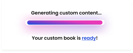 Website screenshot showing Star TV content generation progress bar nearly complete loading with text "your custom book is ready!"