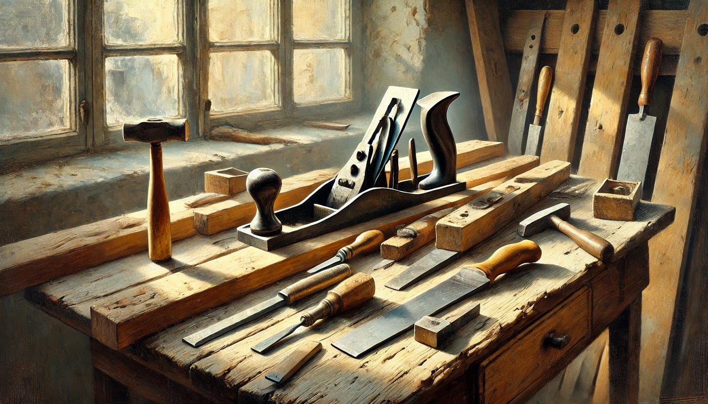 An impressionistic oil painting inspired by Fritz Syberg's style, depicting a set of well-worn tools resting on a wooden workbench in early 1900s Europe. The tools, including a hammer, chisel, and hand plane, are arranged with care, showing signs of frequent use. Soft, dappled sunlight streams through a nearby window, casting gentle shadows across the workbench and highlighting the texture of the aged wood and metal. The background features faint hints of an old workshop, with rustic wooden shelves and faint outlines of European architecture visible through a window. The color palette is gentle and pastel-like, with muted browns, soft grays, pale blues, and warm creams, capturing the tranquil essence of a peaceful, sunny day. The composition emphasizes the quiet dignity of craftsmanship and the timeless beauty of simple tools in a wide aspect view.