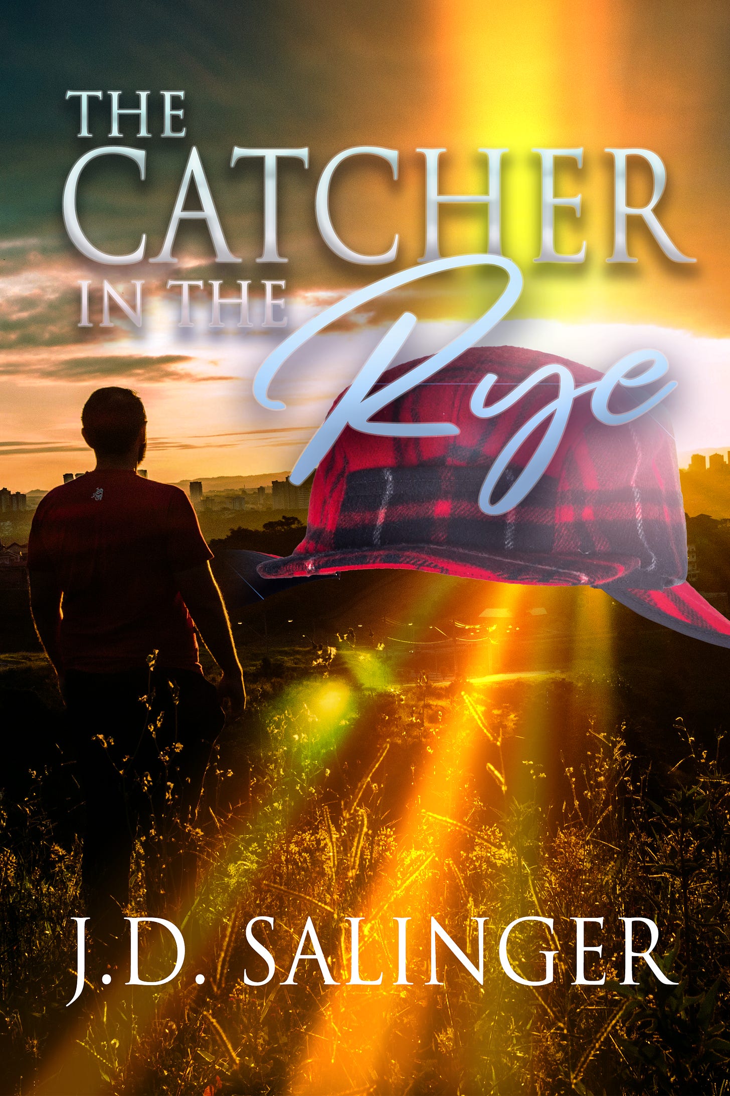 The Catcher In the Rye by J.D. Salinger. Holden, silhouetted, stands in a field at sunlight. The red plaid deerstalker hat is floating and radiating light. It is cheesy af.