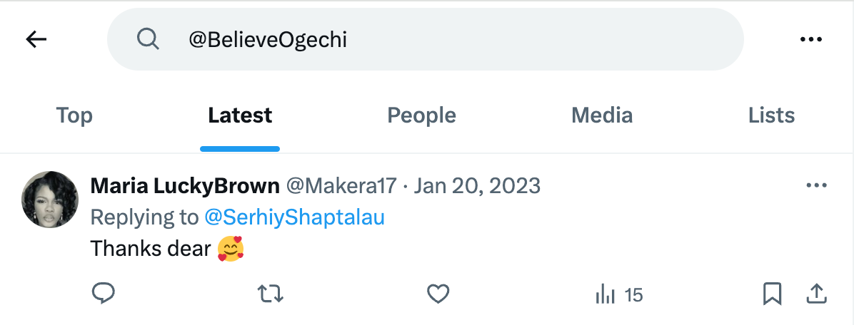 screenshot of X search results for @BelieveOgechi, which turn up a reply to @SerhiyShaptalau