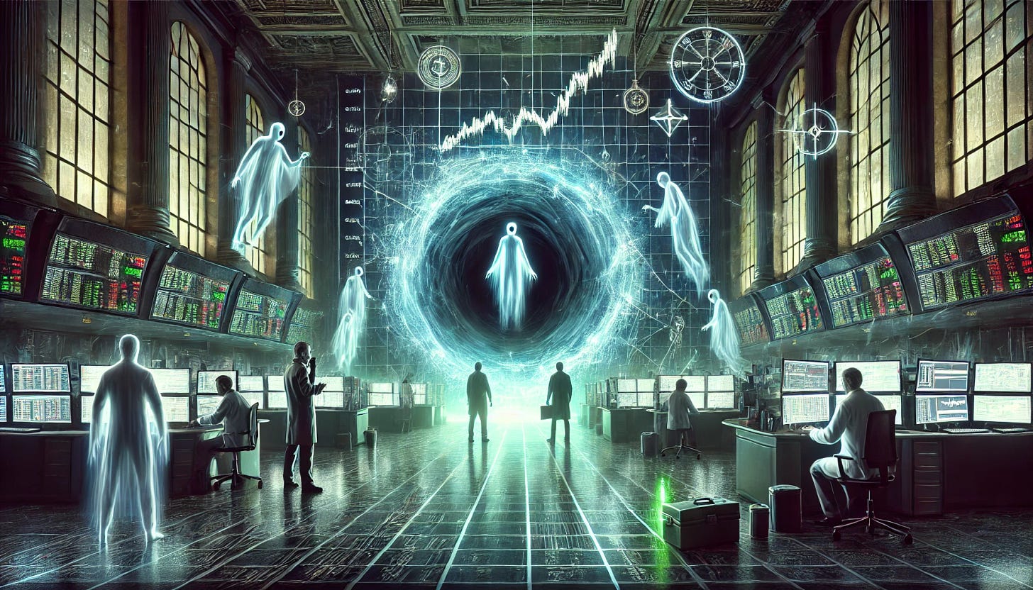 A surreal digital illustration of a supernatural event connected to the financial world, inspired by themes explored by personalities like Iker Jiménez. The scene depicts a haunted stock exchange floor at night, with ghostly figures of traders floating in the air, surrounded by glowing charts and mysterious symbols. A dark, ominous vortex hovers above the trading screens, emanating eerie lights. Paranormal investigators with cameras and tools, looking intrigued and cautious, observe the phenomena from the background. The lighting combines spectral green and blue glows with shadows, creating a suspenseful atmosphere. Style: Dark surrealism, intricate details, HD rendering.