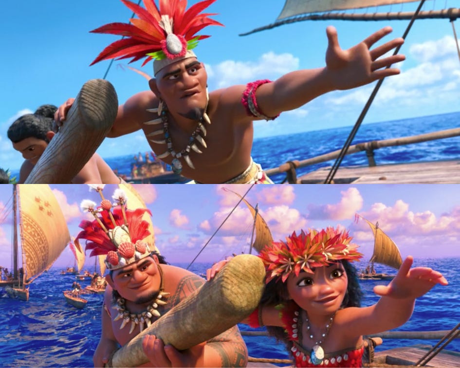 Two parallel images, one of a flashback scene and one of Moana and Chief Tui guiding the rudder of the canoe. Moana. Disney. 2016.