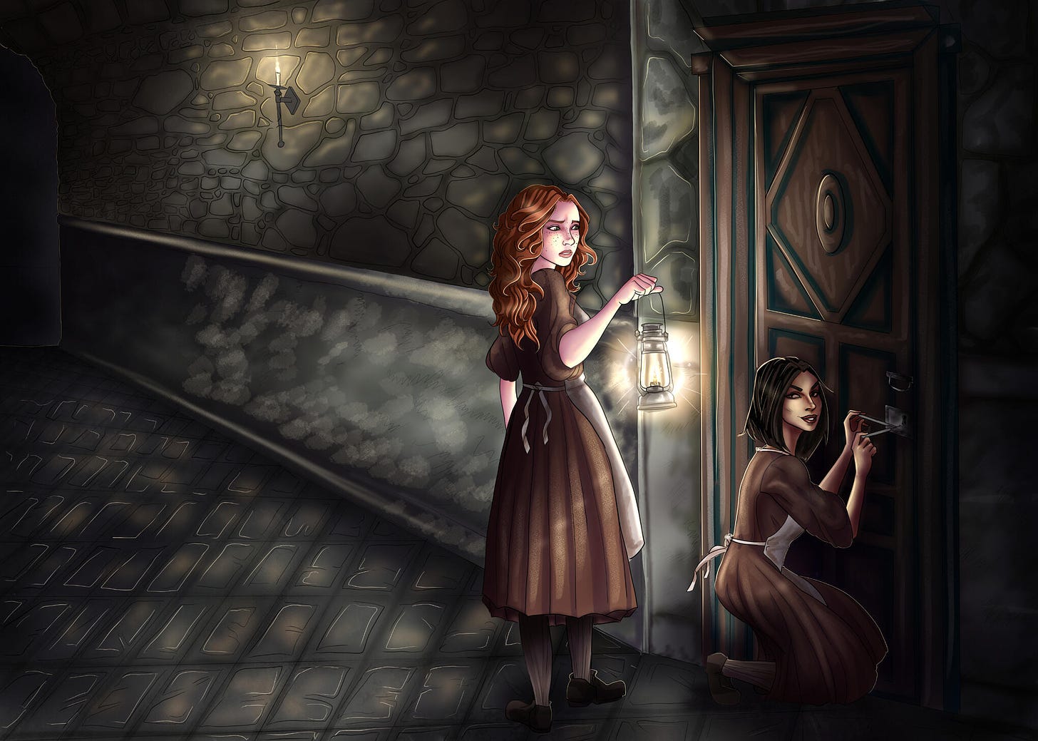 A drawing showing 2 characters in a dark hallway, one holding a lantern while the other is busy lockpicking a door