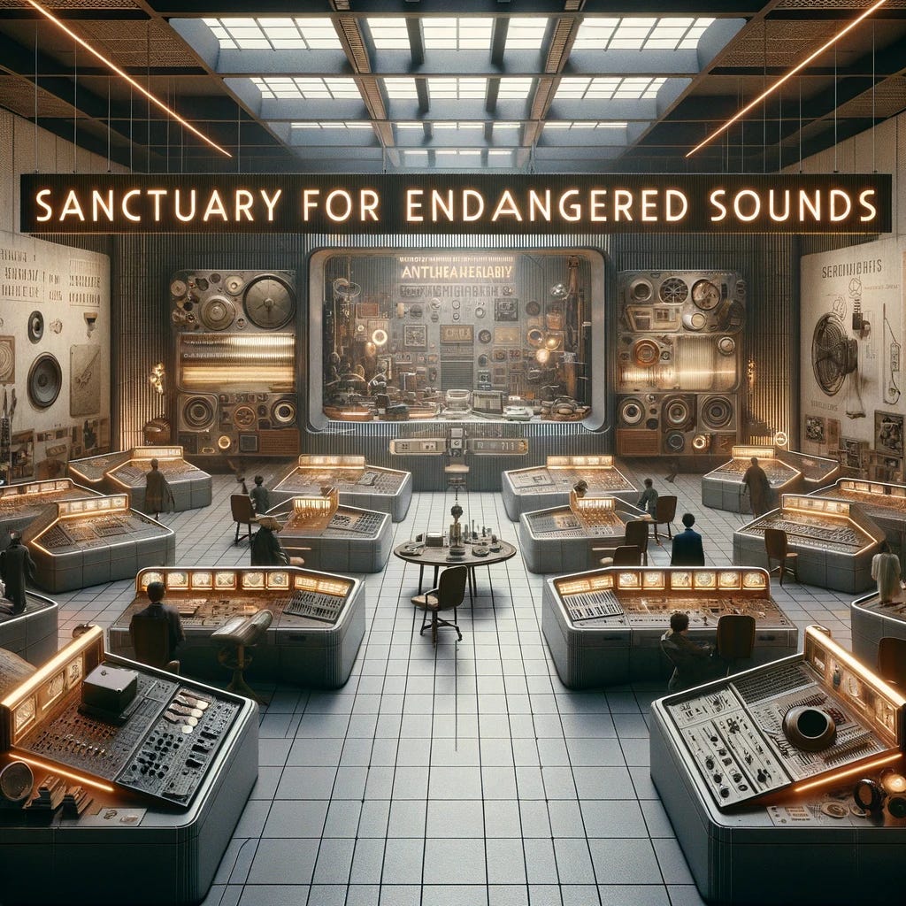 The image portrays the concept of a 'Sanctuary for Endangered Sounds', a space dedicated to preserving sounds that are becoming extinct or obsolete. This sanctuary is designed as an auditory museum, where visitors can explore and experience the hum of old machines, analog signals, and other rare sounds. The interior of the sanctuary is visually and acoustically designed to enhance the listening experience, with various sound stations where visitors can listen to these endangered sounds through headphones or speakers. The design of the space combines modern aesthetics with retro elements, reflecting the blend of the past and present. Interactive displays provide context and information about each sound, its origin, and its significance in history. This sanctuary serves as a bridge between generations, allowing visitors to connect with the auditory heritage of the past.
