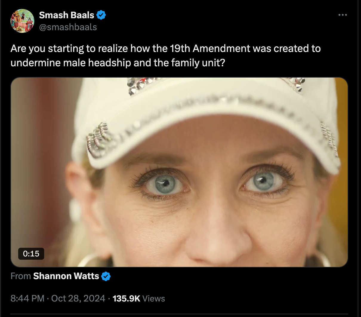 Smash Baals: "Are you starting to realize how the 19th Amendment was created to undermine male headship and the family unit?"