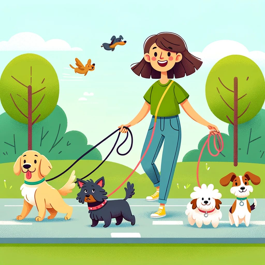 A cartoon image of a dog walker, featuring a joyful young woman with medium-length brown hair, wearing a casual outfit consisting of jeans and a green T-shirt. She is holding leashes connected to four diverse dogs: a large golden retriever, a small dachshund, a fluffy white poodle, and a scruffy terrier. The setting is a sunny park with trees and a walking path. The style is colorful and playful, ideal for a children's book illustration.