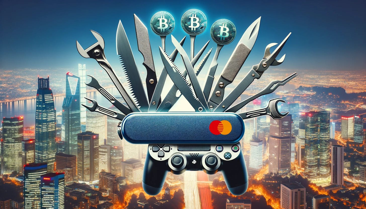 Photo of a modern city skyline illuminated with digital lights. In the foreground, a massive Swiss Army knife unfolds, revealing tools shaped like digital currency symbols, including Mastercard's CBDC. Below, PlayStation and Xbox controllers merge together, representing interoperability and integration.